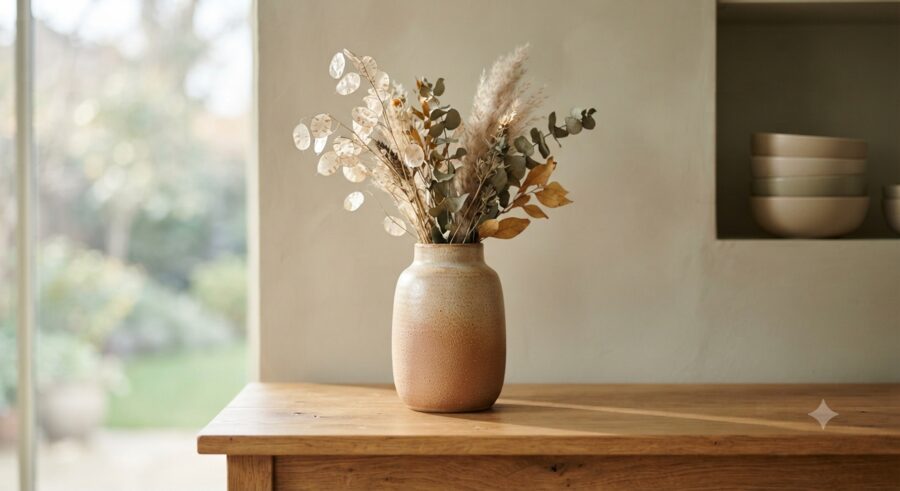 A styled corner with a vase of dried grasses